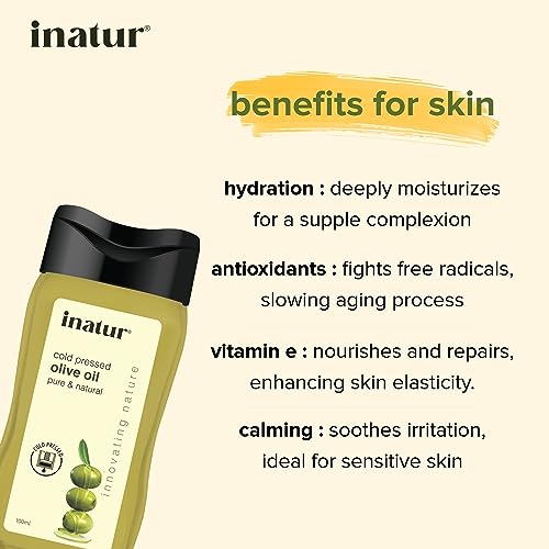 inatur Olive Oil- Organic, Cold-Pressed, and 100% pure| for Face, Body, and Hair| All Skin and Hair types| Safe for Babies| 100ml - View 3 of 3
