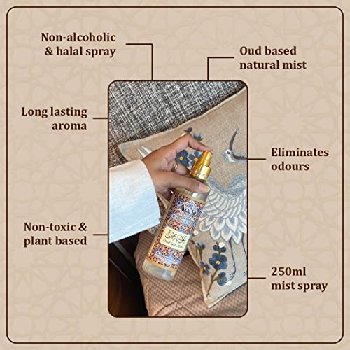 Oud Ya Aini Attar Al Faraash by Dukhni | 250ml Non Alcoholic Spray | Arabic Natural Mist | Air Freshener, Room Mist, Fabric &amp; Linen Spray | Perfect for Prayer mats, beds, sofas, curtains. - View 3 of 4