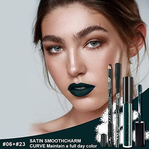 evpct 2Pcs Matte Dark Green Lipstick and Lip Liner Gloss Makeup Set DNM matt Matte Liquid Lipstick Long Lasting Set 24H and with Lip Liner 23#  FROM DUBAI (SAM) - View 2 of 3
