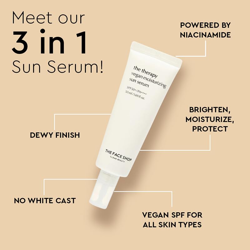The Face Shop The Therapy Vegan Moisturizing Sun Serum With Spf 50 Pa++++ For Broad Spectrum Protection, No White Cast Moisturizing Serum Sunscreen For All Skin Type, 50 Ml (FROM INDIA)SAB - View 2 of 3