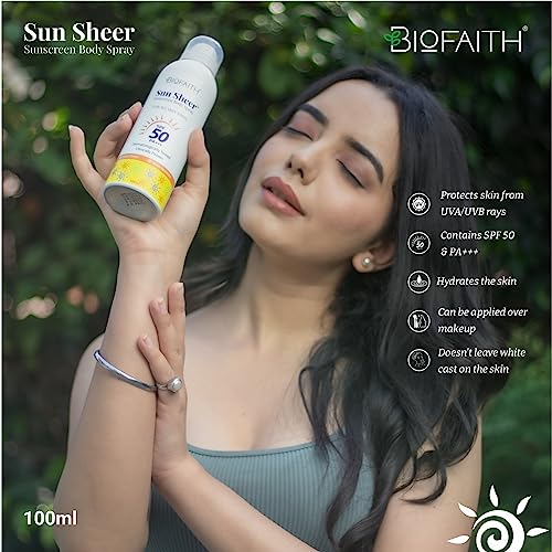 Biofaith Sunsheer SPF 50 PA+++ Sunscreen Body Spray - Fast Absorbing, Non-Greasy, and Water Resistant for Ultimate Sun Protection (100ml) (FROM INDIA)SAB - View 3 of 3
