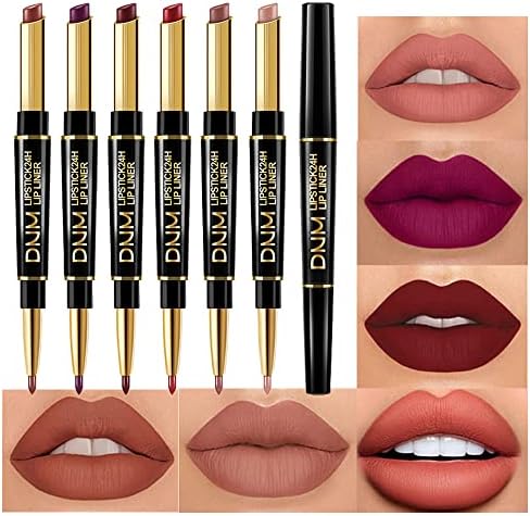 6Pcs Lip Liner and Lipstick Set Kit,DNM Chestnut Nude Dark Red Matte Matt Mat 24 Hour Lipstick Pen and Lip Kits with Lip Liner Pencil Long Lasting Sets for Women labiales mate 24 horas originales A01 FROM DUBAI (SAM) - View 2 of 3