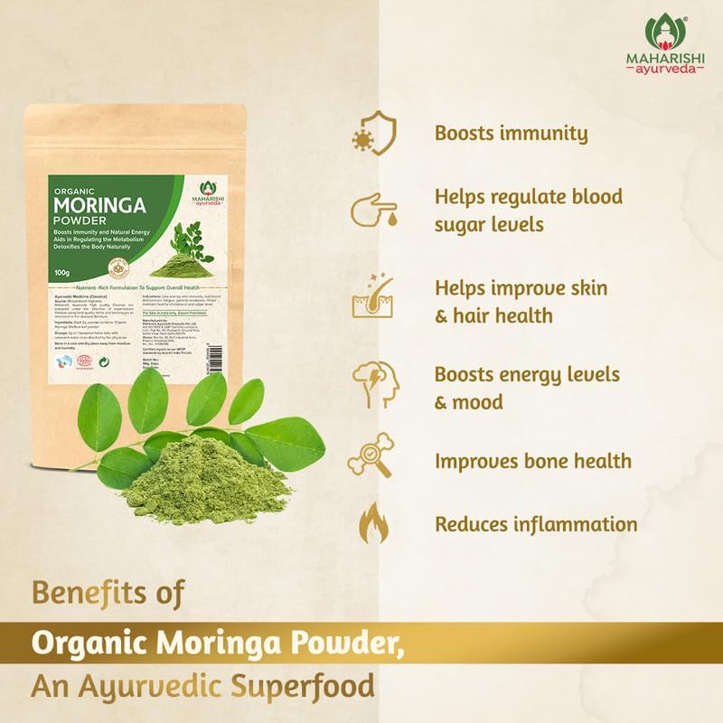 Maharishi Ayurveda Organic Moringa Powder - 100g Pack of 1 Certified Organic Moringa Churna from Pure Moringa Leaves for Skin &amp; Hair Health, Detoxification and Natural Source of Protein(FROM INDIA)NUZ - View 2 of 2