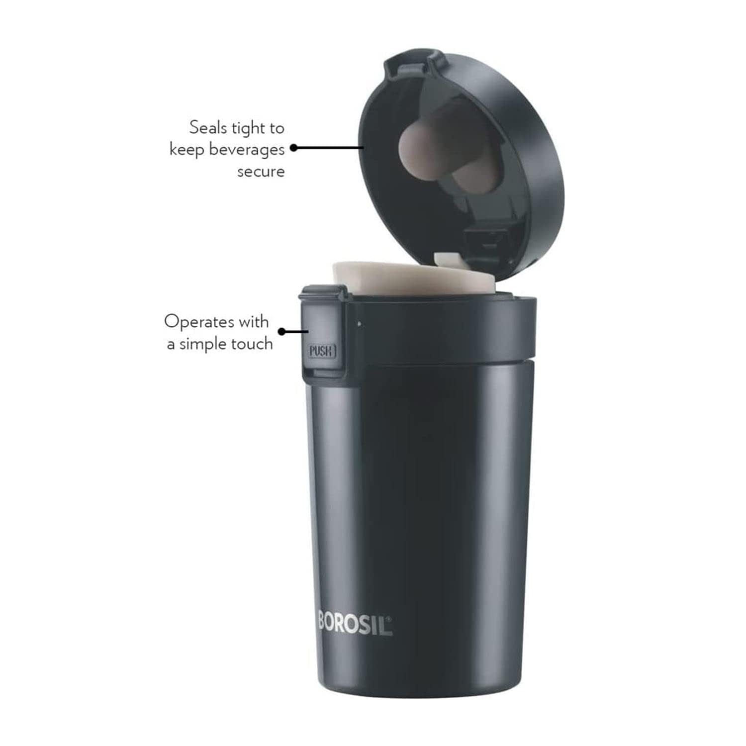 Borosil Hydra Coffeemate 300 ml Stainless Steel Travel Mug | Double Wall Vacuum Insulated, Black | 8 Hrs Hot &amp; 14 Hours Cold | Ideal for Personal &amp; Corporate Gifting - View 5 of 9
