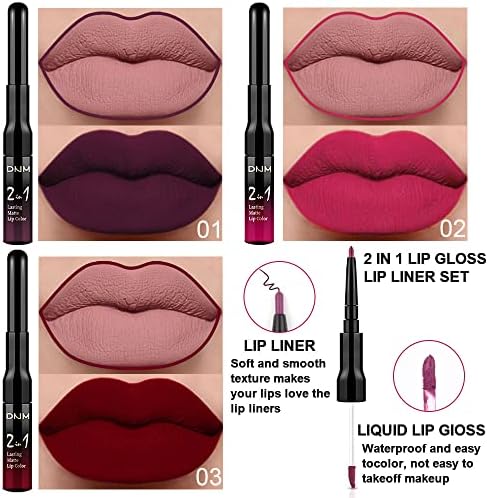 evpct 3Pcs Black Red Matte Lip Liner Pencil and Liquid Lipstick Sets for Women Long Lasting Lipstick 24 Hour Waterproof Dark red Purple Rose pink Lip Stick/Gloss Set labiales mate 24 horas originales FROM DUBAI (SAM) - View 2 of 3