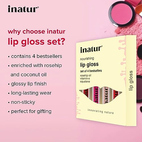 inatur Lip Gloss Gift Box - Set of 4, 2ml Each-Angelic, Cheeky Red, Glam Pink, Attitude- 100% Natural, Long lasting&amp; Hydrating (FROM INDIA)SAB - View 2 of 3