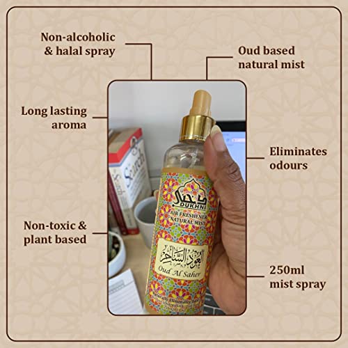 Dukhni Oud Al Saher Attar Al Faraash by Dukhni |250ml Non Alcoholic Spray | Arabic Natural Mist | Air Freshener, Room Mist, Fabric &amp; Linen Spray | Perfect for Prayer mats, beds, Sofas, Curtains - View 3 of 4