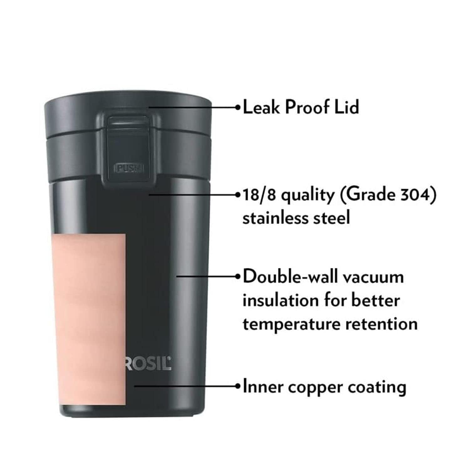 Borosil Hydra Coffeemate 300 ml Stainless Steel Travel Mug | Double Wall Vacuum Insulated, Black | 8 Hrs Hot &amp; 14 Hours Cold | Ideal for Personal &amp; Corporate Gifting - View 6 of 9