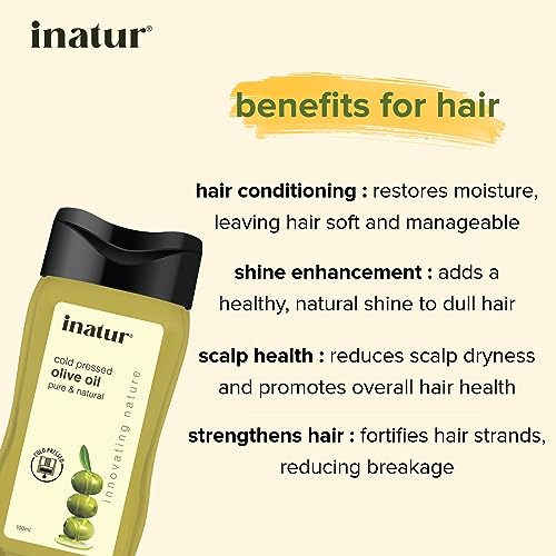 inatur Olive Oil- Organic, Cold-Pressed, and 100% pure| for Face, Body, and Hair| All Skin and Hair types| Safe for Babies| 100ml - View 2 of 3