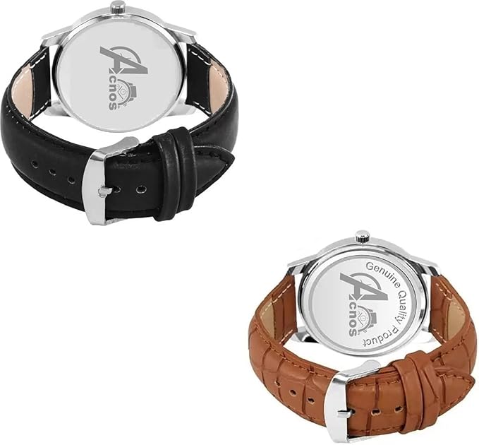 Acnos Premium Leather Analog Watch for Men Combo Pack of 2 Arrival Black Blue Brown - View 4 of 4