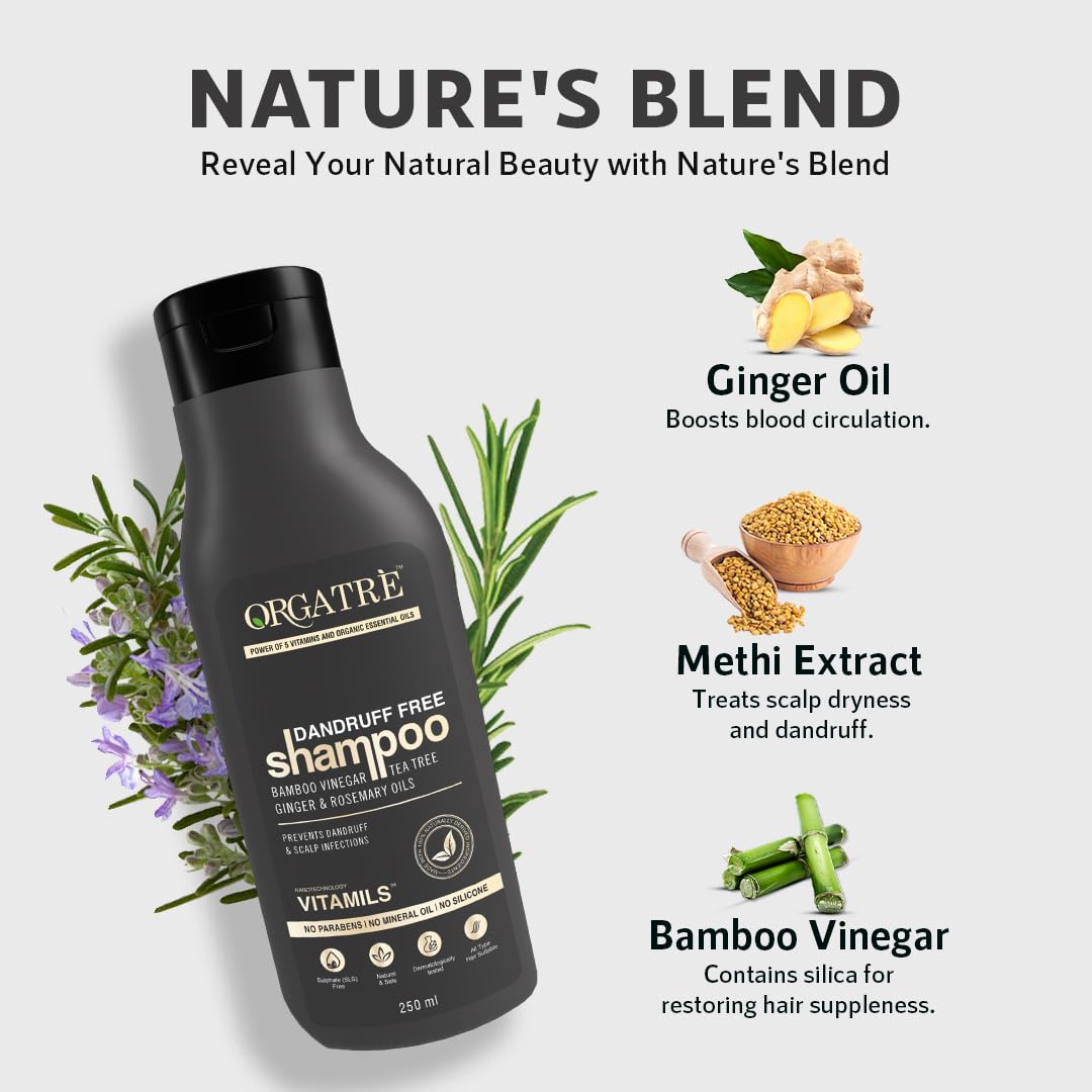 Orgatre Dandruff Free Shampoo For Men &amp; Women| With Tea Tree, Ginger, Rosemary Oil, And Vitamils - Soothes Scalp - For All Hair Types, No Dryness, 250 Grams - View 3 of 5