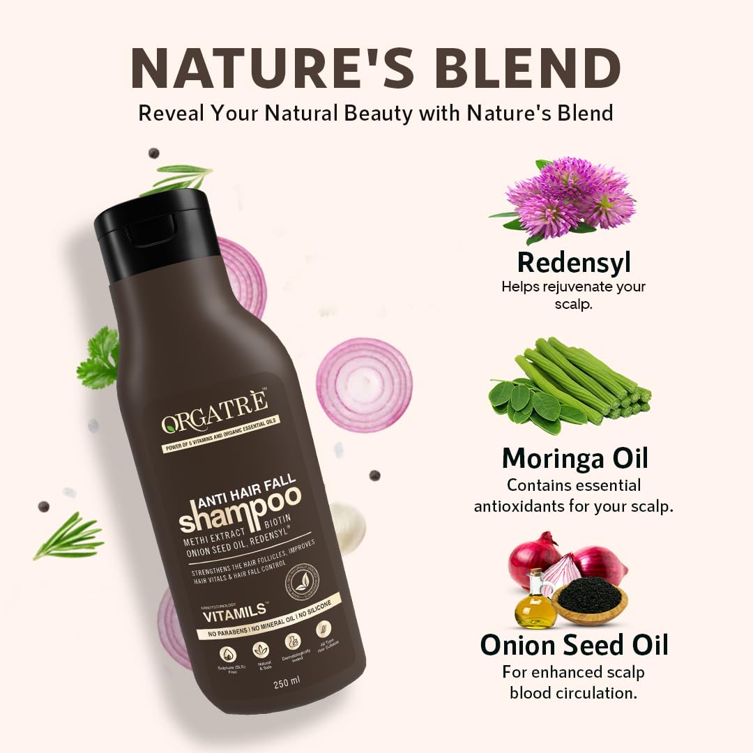 Orgatre Anti Hair Fall Shampoo For Men &amp; Women For Hair Fall Dry &amp; Frizzy Hairs| Sulphate Free Paraben Free Chemical Free Powered With Redensyl - 250 Ml - View 3 of 5