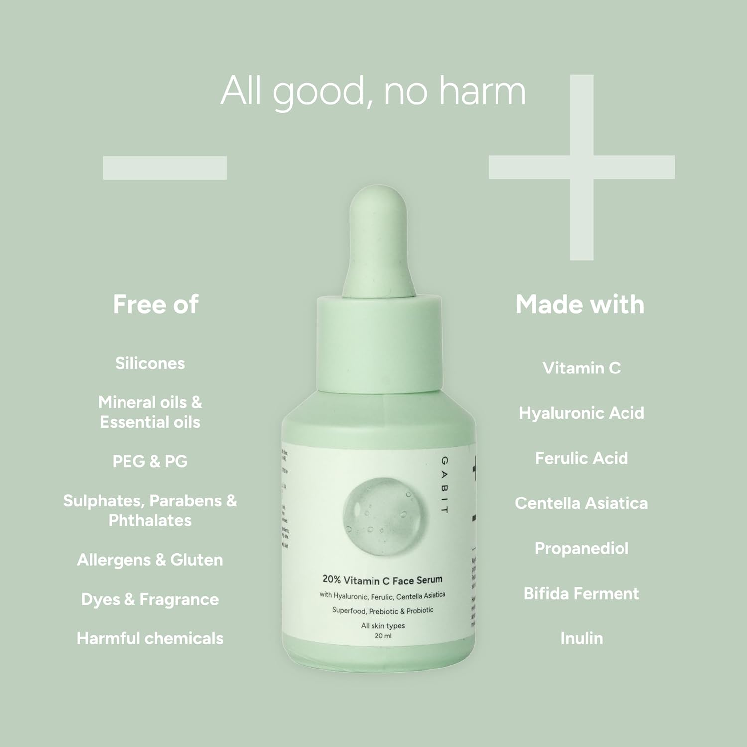 Gabit 20% Vitamin C Face Serum for Glowing Skin | Brightening Serum for Dark Spots, Dull Skin, Tanned Skin | Improves Wrinkles | Hyaluronic, Ferulic, CiCa, Prebiotic, Probiotic | Oil &amp; PEG free |30 ml - View 2 of 7