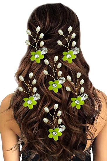Hair Flare Women Artificial Pearl and Stone Round Flower Hair Accessories And HairPin- Light Green, 2222 - View 4 of 4