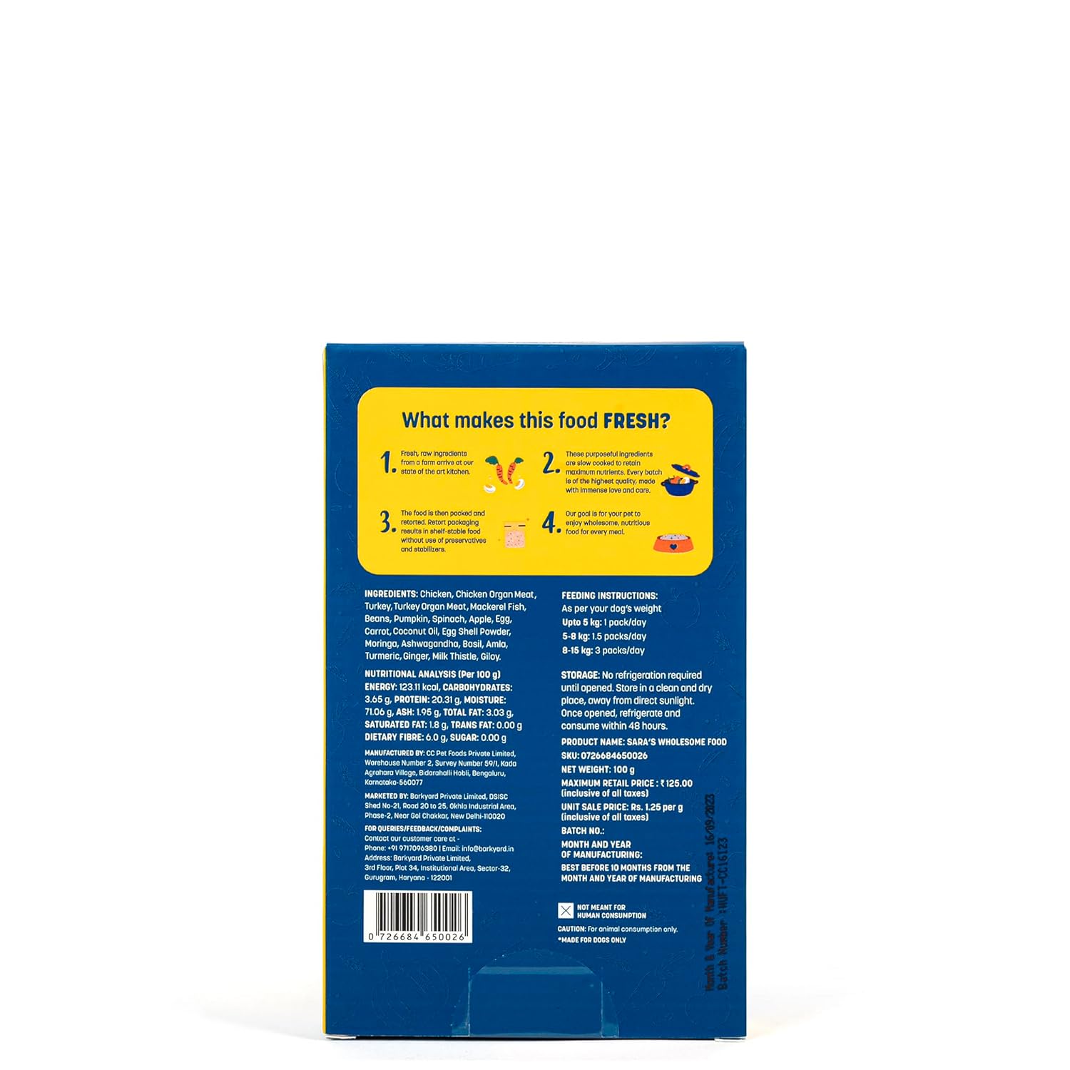 HUFT Sara's Wholesome Food - Grain-Free Chicken and Turkey Dog Food | Human Grade Ingredients | Gluten Free | Balanced Meal | Suitable for Adults &amp; Puppies - 100 gm - View 3 of 3