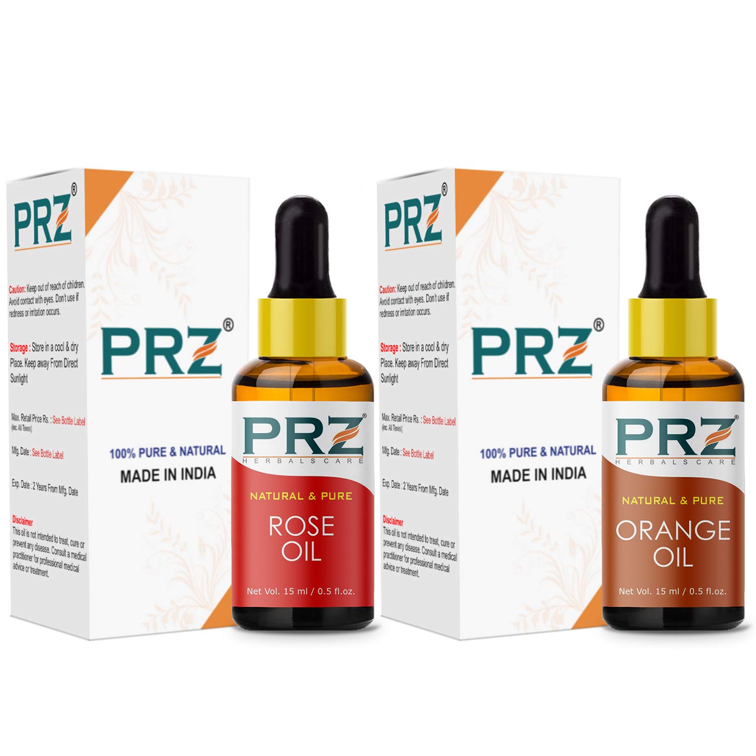 PRZ Combo of Rose Essential Oil &amp; Orange Essential Oil, 100% Pure Natural &amp; Therapeutic Grade Oil for Aromatherapy, Body Massage, Skin Care &amp; Hair Care (15ML Each)(FROM INDIA)NUZ - View 2 of 2