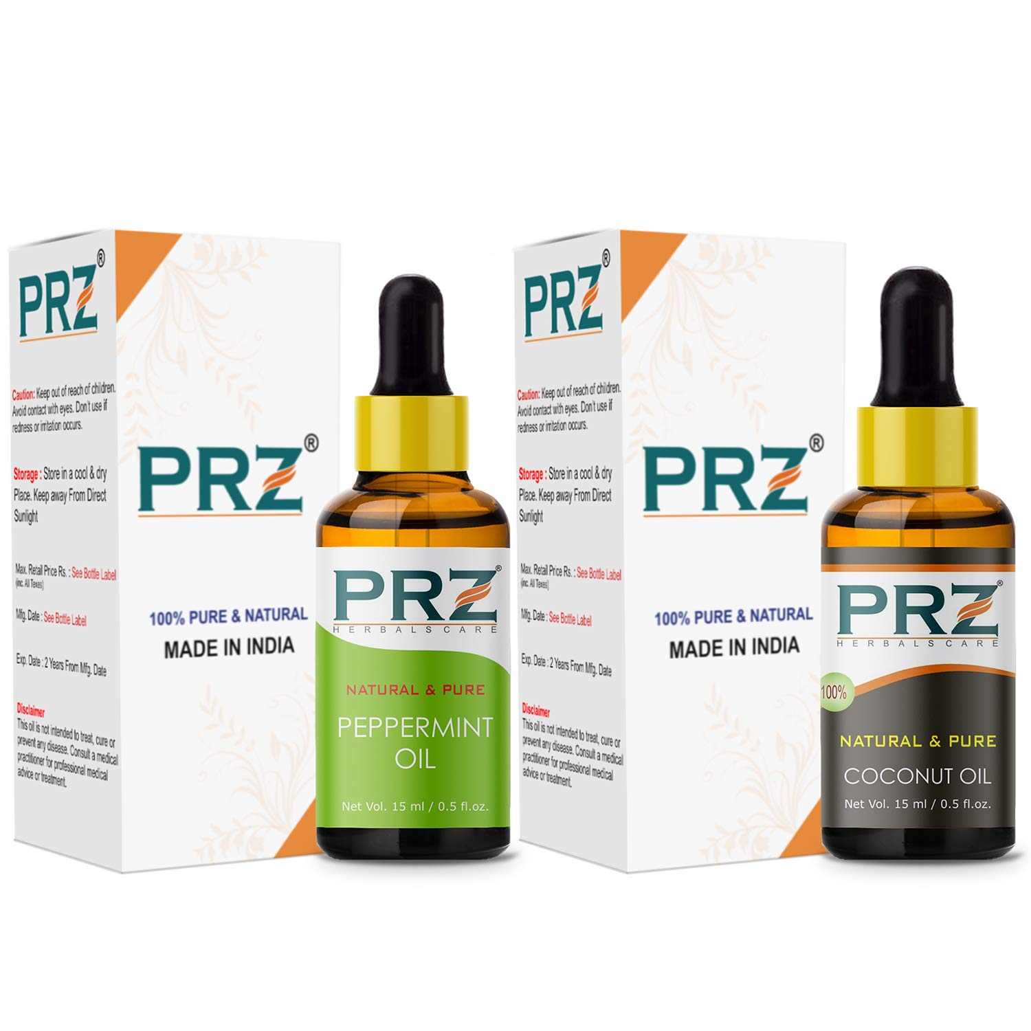 PRZ Combo of Peppermint Essential Oil &amp; Cold Pressed Extra Virgin Coconut Carrier Oil, 100% Pure Natural &amp; Therapeutic Grade Oil for Aromatherapy, Body Massage, Skin Care &amp; Hair Growth (15ML Each)(FROM INDIA)NUZ - View 2 of 2