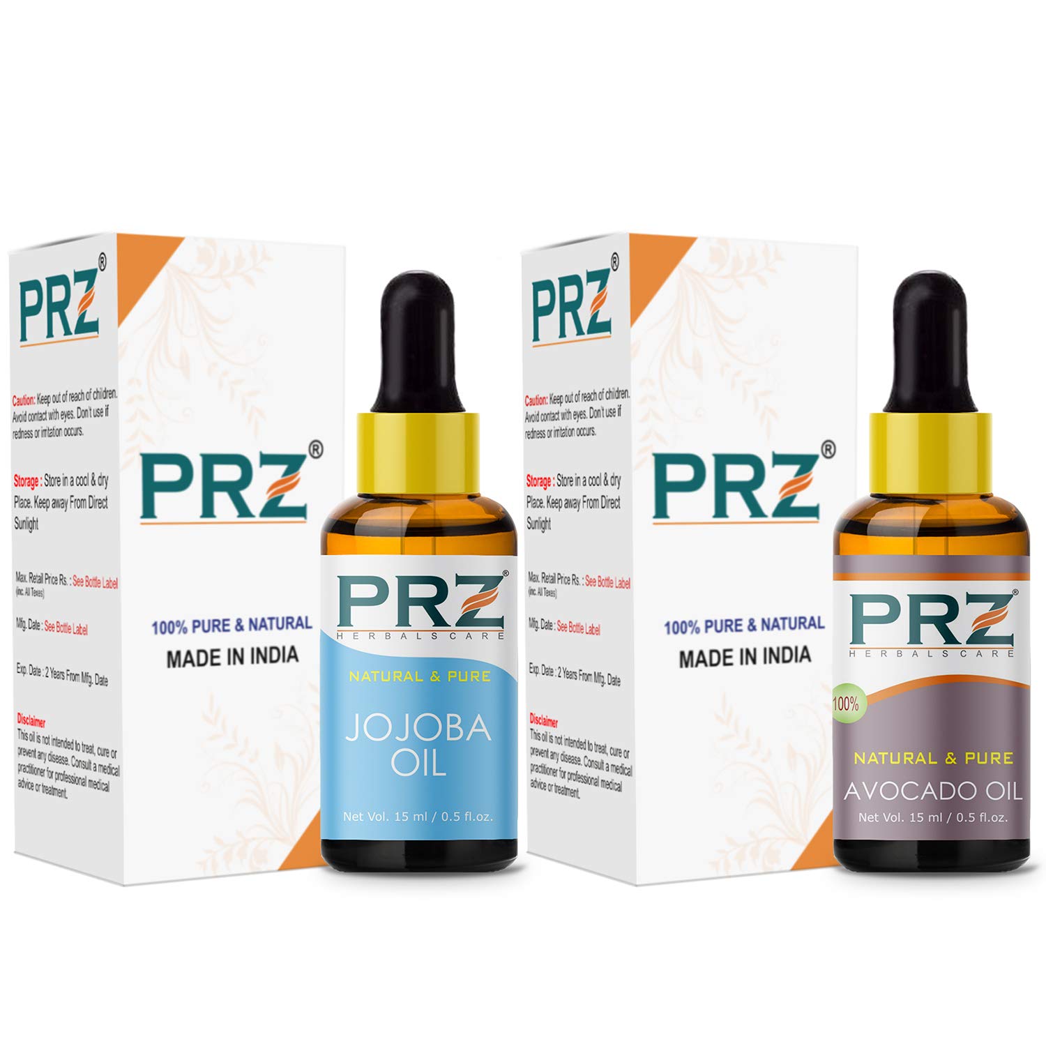 PRZ Combo of Cold Pressed Jojoba &amp; Avocado Carrier Oil, 100% Pure Natural &amp; Therapeutic Grade Oil for Aromatherapy, Body Massage, Skin Care &amp; Hair Growth (15ML Each)(FROM INDIA)NUZ - View 2 of 2