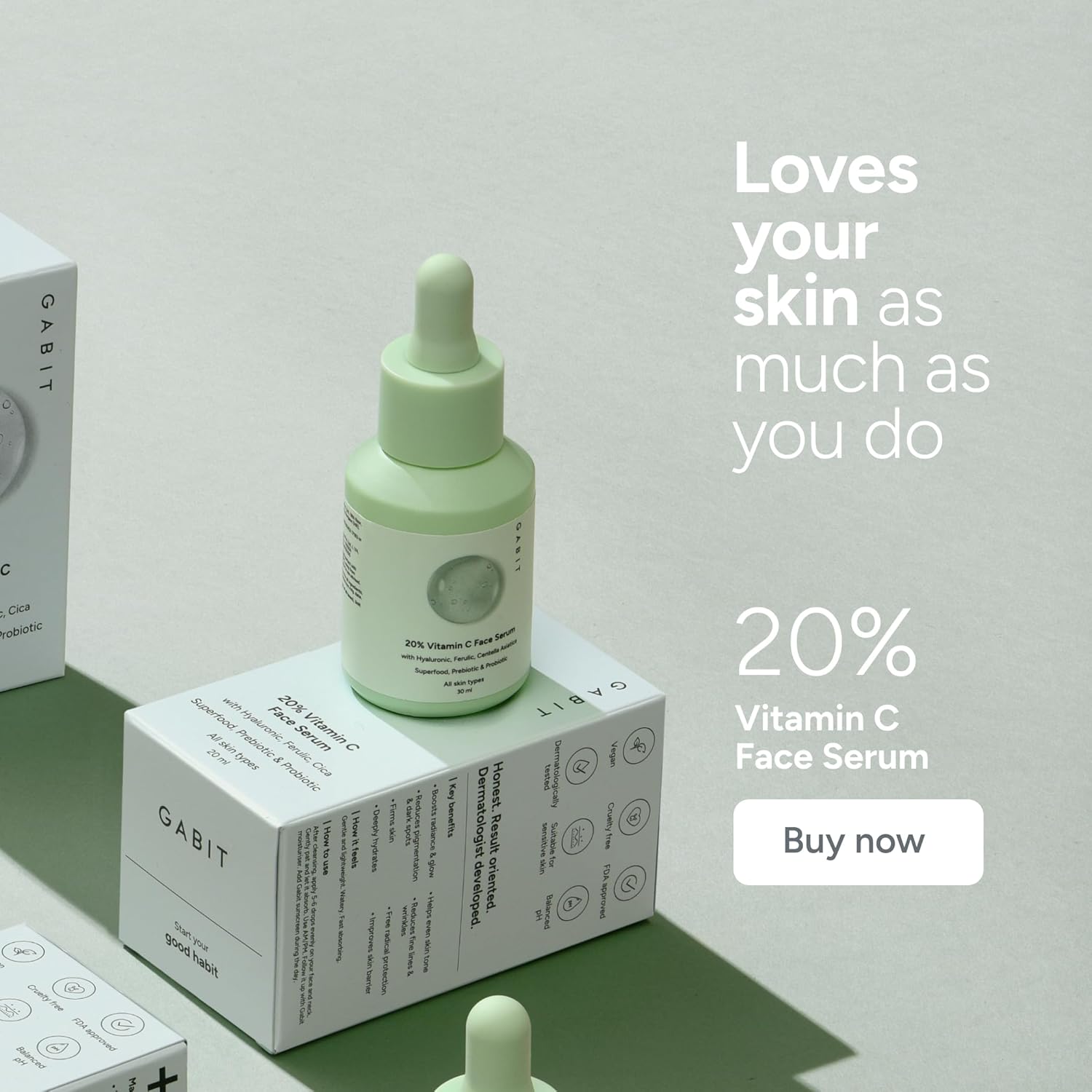 Gabit 20% Vitamin C Face Serum for Glowing Skin | Brightening Serum for Dark Spots, Dull Skin, Tanned Skin | Improves Wrinkles | Hyaluronic, Ferulic, CiCa, Prebiotic, Probiotic | Oil &amp; PEG free |30 ml - View 5 of 7