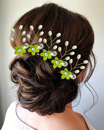 Hair Flare Women Artificial Pearl and Stone Round Flower Hair Accessories And HairPin- Light Green, 2222 - View 3 of 4