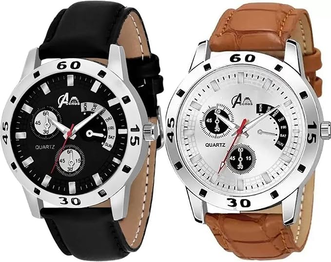 Acnos Premium Leather Analog Watch for Men Combo Pack of 2 Arrival Black Blue Brown - Shop at Colombo Mall