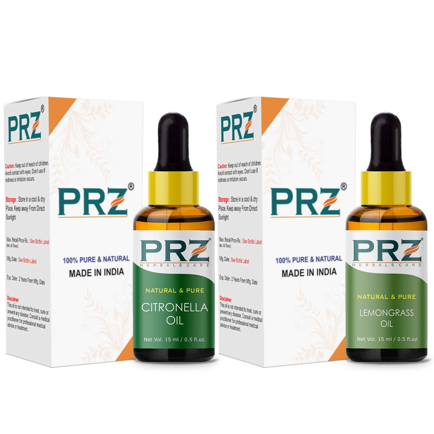 PRZ Combo of Citronella Oil &amp; Lemongrass Essential Oil, 100% Pure Natural &amp; Therapeutic Grade Oil for Aromatherapy, Body Massage, Skin Care &amp; Hair Growth (15ML Each)(FROM INDIA)NUZ - View 2 of 2