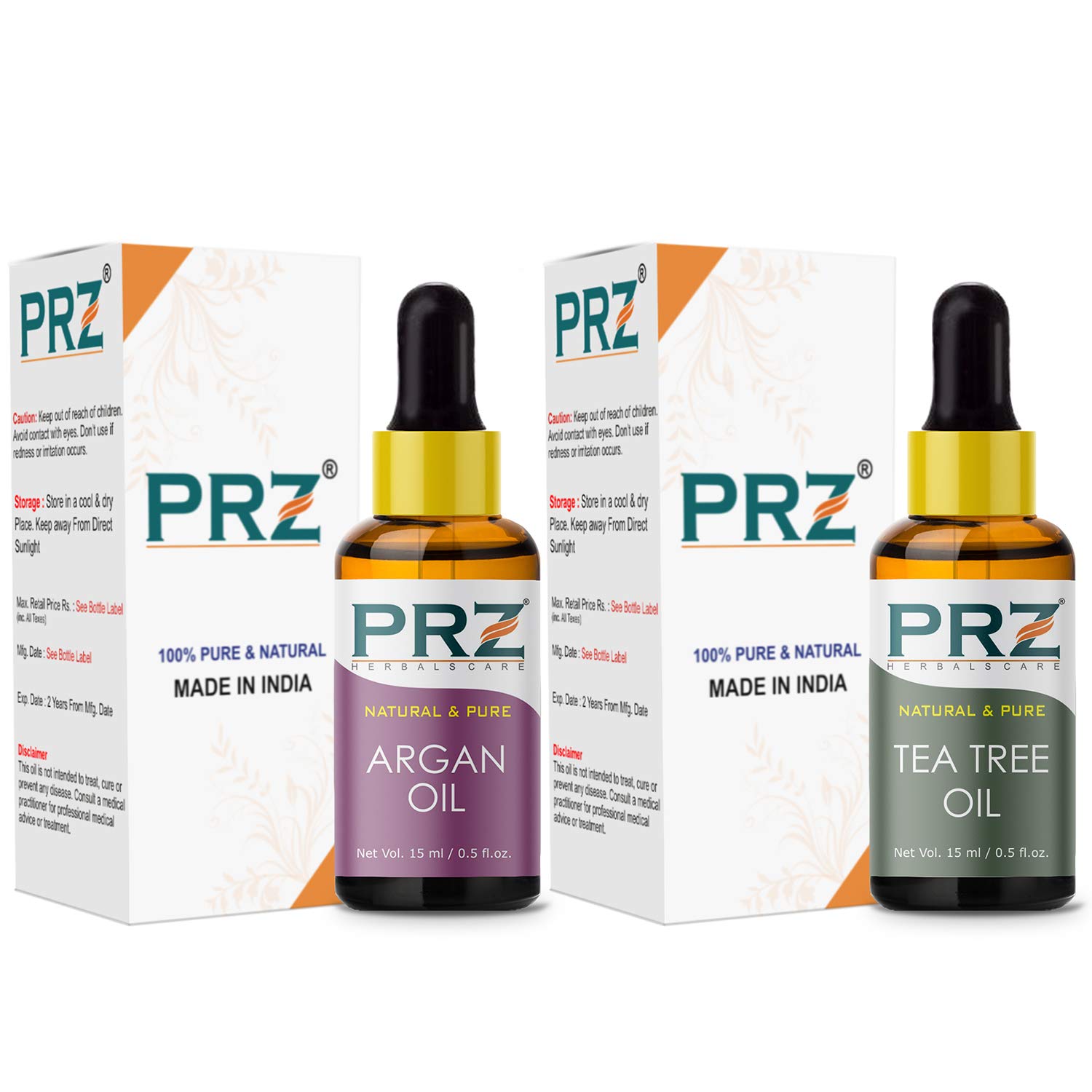 PRZ Combo of Cold Pressed Moroccan Argan Carrier Oil &amp; Tea Tree Essential Oil, 100% Pure Natural &amp; Therapeutic Grade Oil for Aromatherapy, Body Massage, Skin Care &amp; Hair Growth (15ML Each)(FROM INDIA)NUZ - View 2 of 2