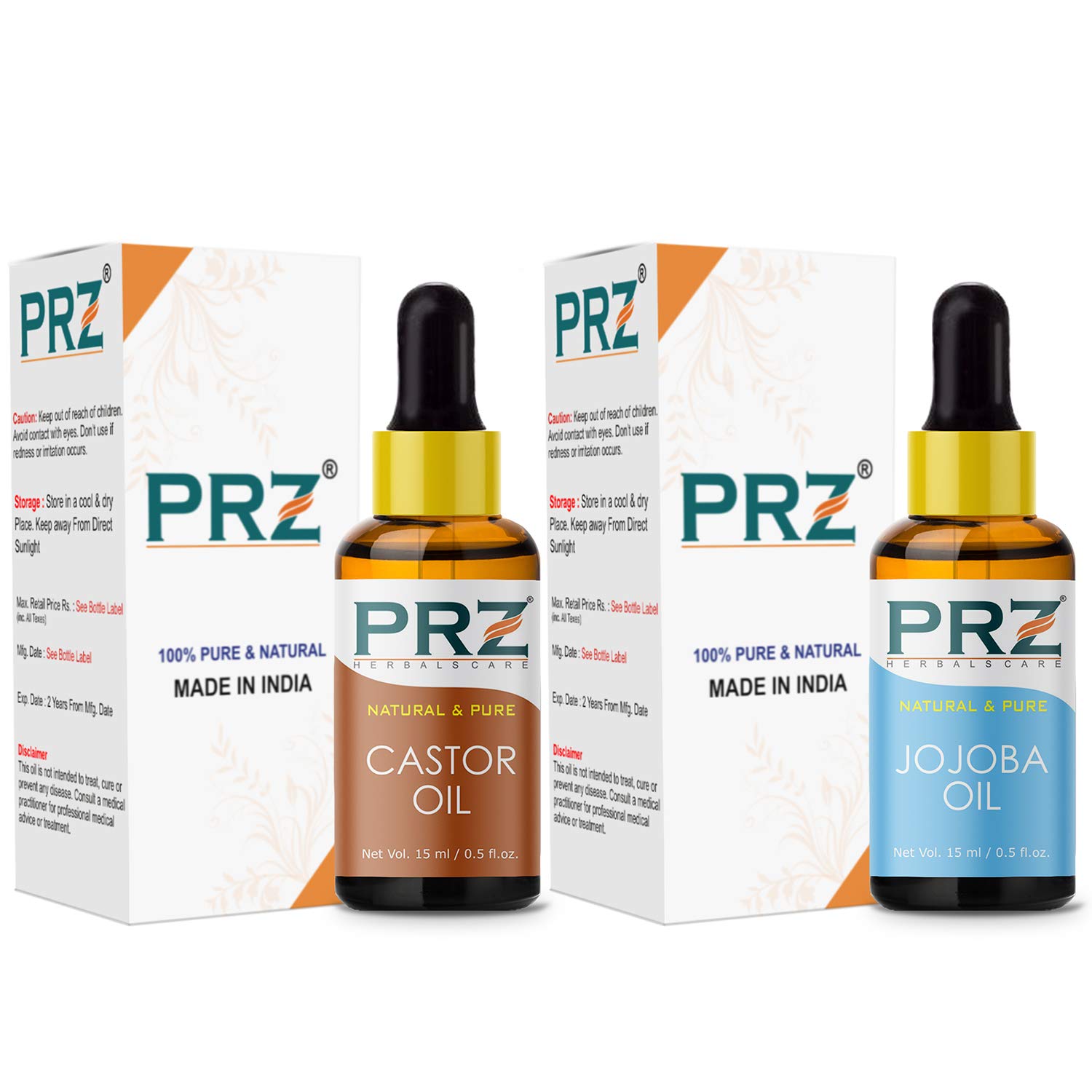 PRZ Combo of Cold Pressed Castor Oil &amp; Jojoba Oil, 100% Pure Natural &amp; Therapeutic Grade Oil for Aromatherapy, Body Massage, Skin Care &amp; Hair Growth (15ML Each)(FROM INDIA)NUZ - View 2 of 2