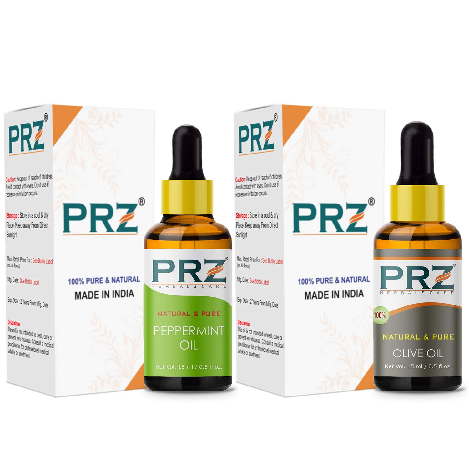 PRZ Combo of Peppermint Essential Oil &amp; Olive Carrier Oil, 100% Pure Natural &amp; Therapeutic Grade Oil for Aromatherapy, Body Massage, Skin Care &amp; Hair Growth (15ML Each)(FROM INDIA)NUZ - View 2 of 2