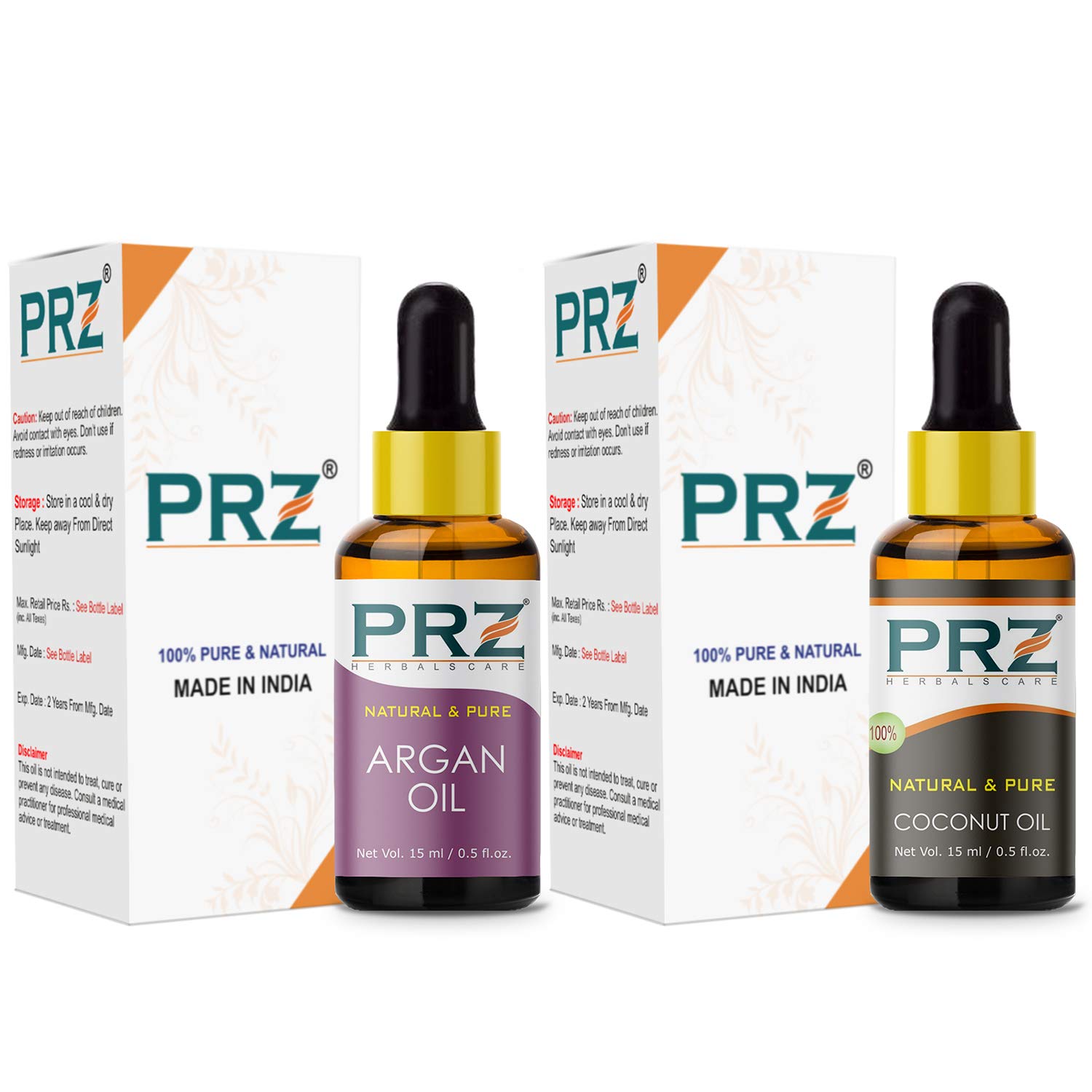 PRZ Combo of Cold Pressed Moroccan Argan Oil &amp; Extra Virgin Coconut Oil, 100% Pure Natural &amp; Therapeutic Grade Oil for Aromatherapy, Body Massage, Skin Care &amp; Hair Growth (15ML Each)(FROM INDIA)NUZ - View 2 of 2