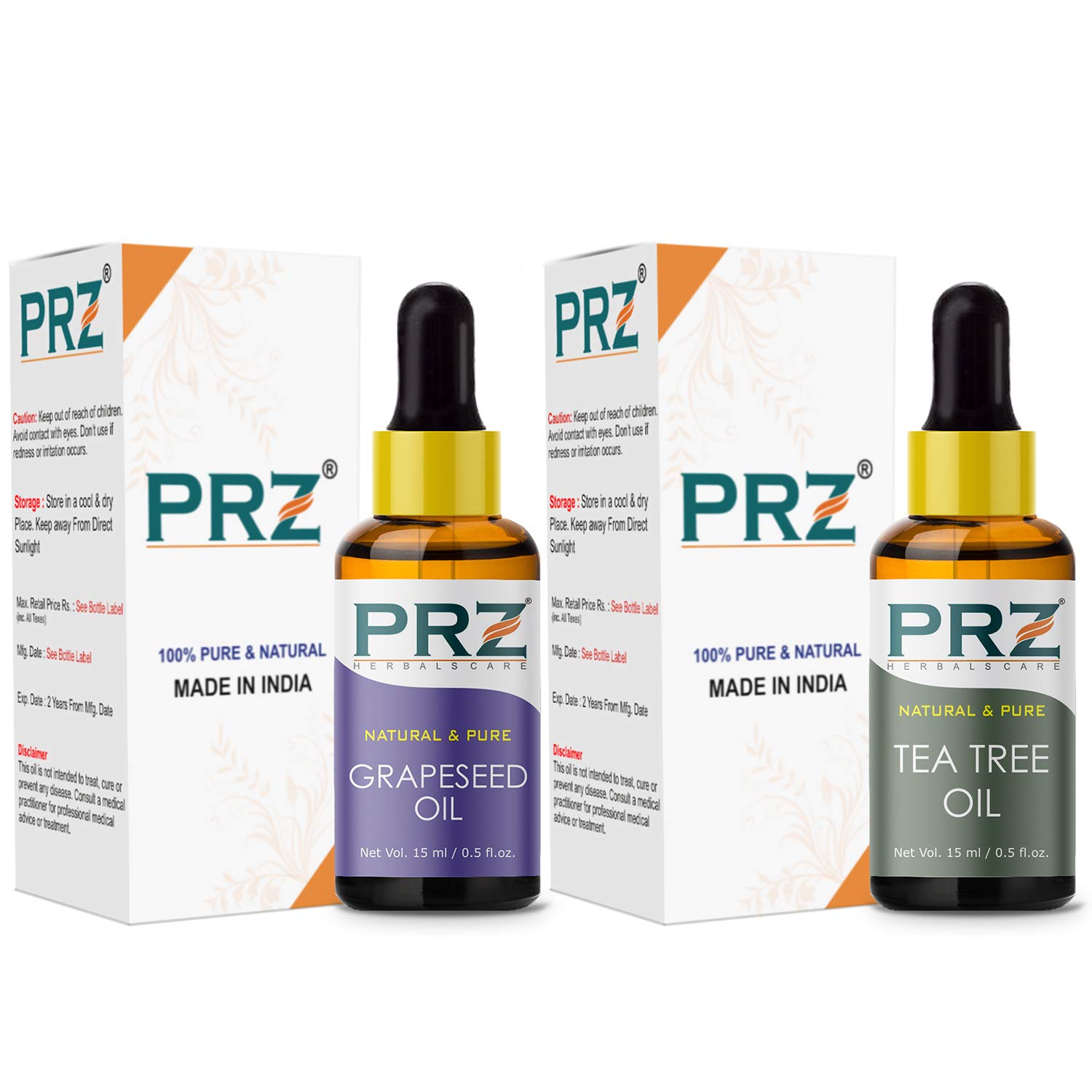PRZ Combo of Grapeseed Carrier Oil &amp; Tea Tree Essential Oil, 100% Pure Natural &amp; Therapeutic Grade Oil for Aromatherapy, Body Massage, Skin Care &amp; Hair Growth (15ML Each)(FROM INDIA)NUZ - View 2 of 2