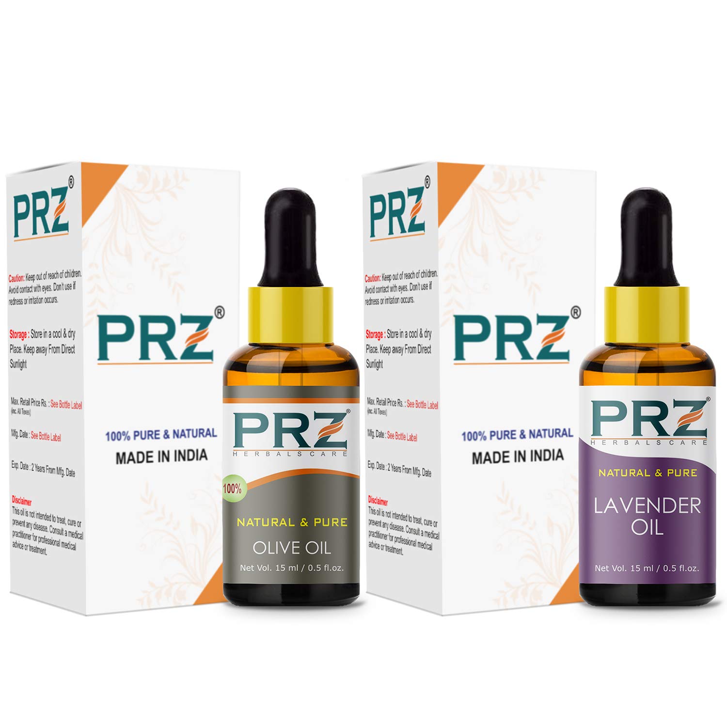PRZ Combo of Cold Pressed Olive Carrier Oil &amp; Lavender Essential Oil, 100% Pure Natural &amp; Therapeutic Grade Oil for Aromatherapy, Body Massage, Skin Care &amp; Hair Growth (15ML Each)(FROM INDIA)NUZ - View 2 of 2