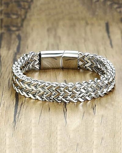 MEENAZ Bracelets for Men Boys brother boyfriend gents Fashion Silver Bracelet for Men Silver Stainless Steel Dual Curb Chain Bracelet Birthday Gift Anniversary Husband valentine gift rakhi bracelet - View 4 of 5