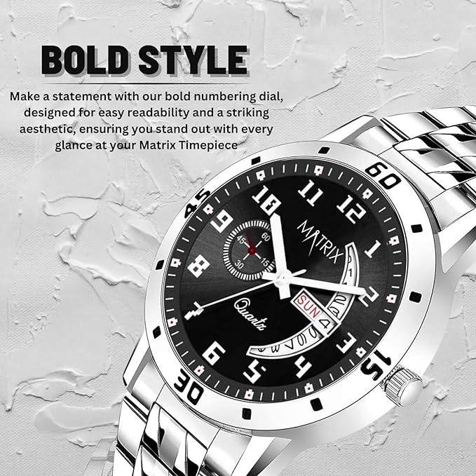 Matrix Blue, Black &amp; Silver Dial, Day &amp; Date Functioning, Stainless Steel Strap Analog Watch for Men &amp; Women - View 5 of 5