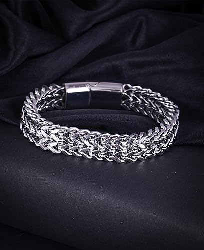 MEENAZ Bracelets for Men Boys brother boyfriend gents Fashion Silver Bracelet for Men Silver Stainless Steel Dual Curb Chain Bracelet Birthday Gift Anniversary Husband valentine gift rakhi bracelet - View 2 of 5