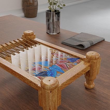 Hand Painted Wooden Charpai Style Tea Serving Tray, 11" x 7.5", Epoxy Resin Natural Finish (Leafy Hand Paint) - View 6 of 7