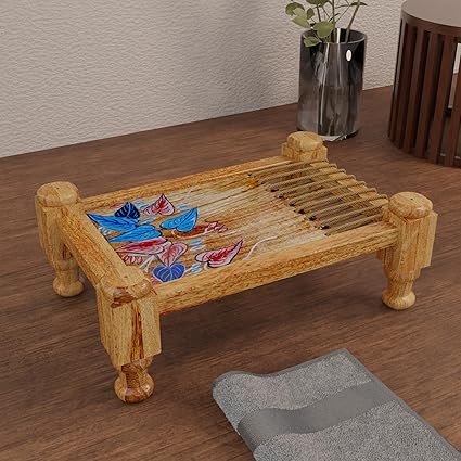 Hand Painted Wooden Charpai Style Tea Serving Tray, 11" x 7.5", Epoxy Resin Natural Finish (Leafy Hand Paint) - View 2 of 7
