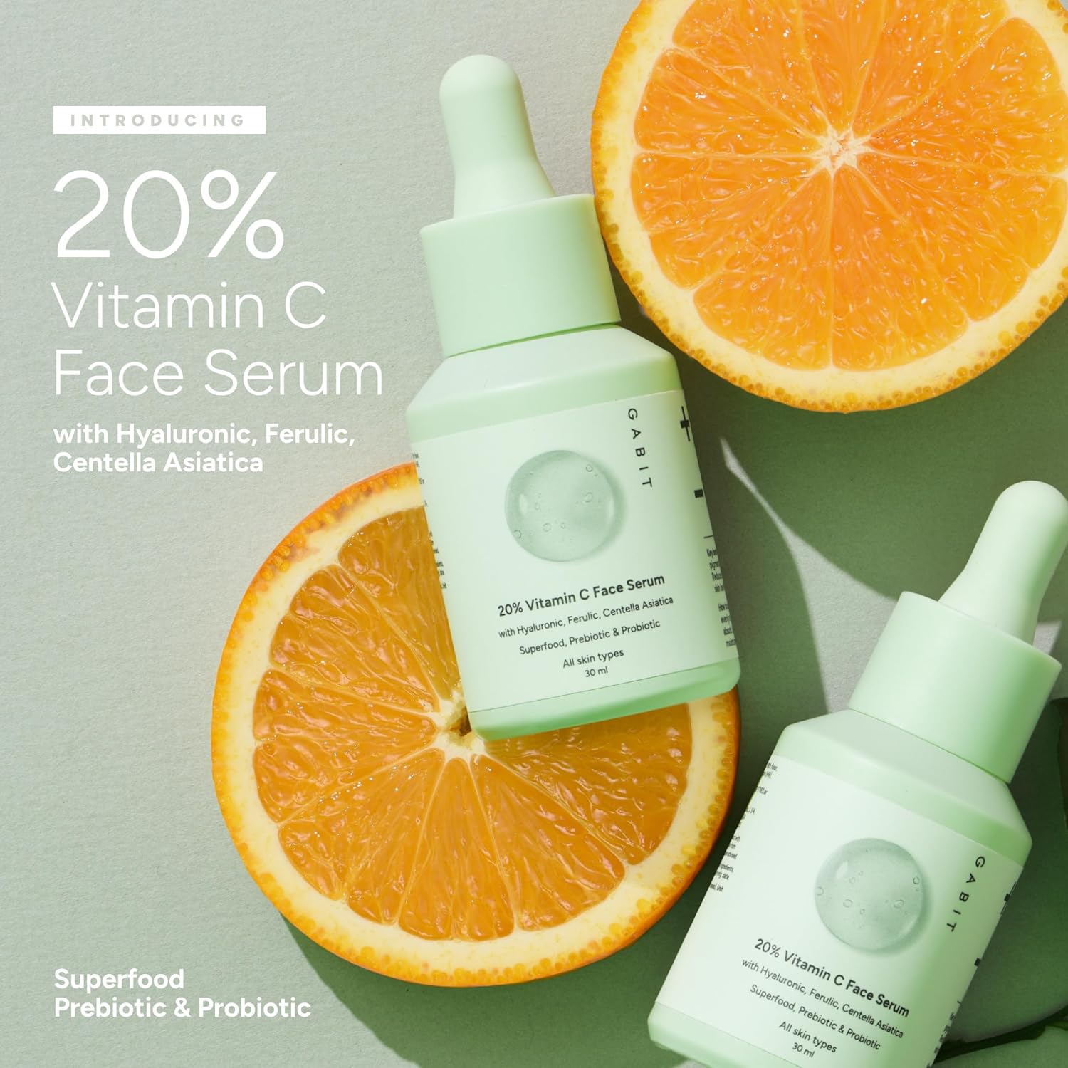 Gabit 20% Vitamin C Face Serum for Glowing Skin | Brightening Serum for Dark Spots, Dull Skin, Tanned Skin | Improves Wrinkles | Hyaluronic, Ferulic, CiCa, Prebiotic, Probiotic | Oil &amp; PEG free |30 ml - View 6 of 7