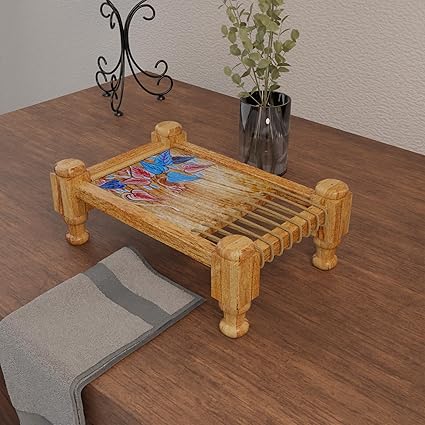 Hand Painted Wooden Charpai Style Tea Serving Tray, 11" x 7.5", Epoxy Resin Natural Finish (Leafy Hand Paint) - View 4 of 7
