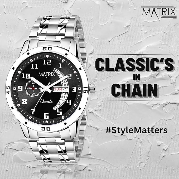 Matrix Blue, Black &amp; Silver Dial, Day &amp; Date Functioning, Stainless Steel Strap Analog Watch for Men &amp; Women - View 4 of 5