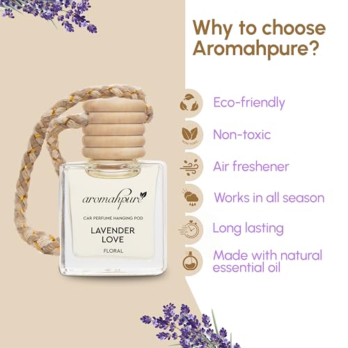 Aromahpure Premium Car Perfume Hanging Pod |10 ML |Lavender Fragrance Car Air Freshener |Natural Essential Fragrance Oils in Glass Bottle with Wooden Diffuser Lid |Long Lasting upto 60 days (Pack 3) - View 2 of 5