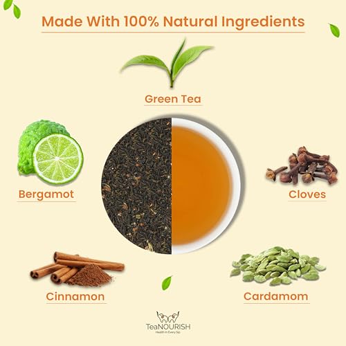 TeaNOURISH Earl Grey Masala Green Tea | Spiced Citrus | Darjeeling Loose Tea | Blended with Indian Aromatic Spices enriched with Bergamot extract | 50 Cups Hot or Iced Tea - 100 g (FROM INDIA)SAB - View 2 of 2