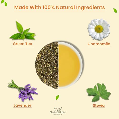 TeaNOURISH Chamomile Lavender Green Tea | Loose Leaf Tea | Calming &amp; Relaxing Chamomile Sleep Tea | Bedtime Tea | 100% NATURAL | Brew Hot or Iced Tea - 100 g (FROM INDIA)SAB - View 2 of 3