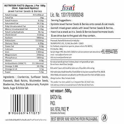 JEWEL FARMER Seeds &amp; Berries Mix with Cranberries, Flaxseeds, Black Raisins, Muskmelon Seeds, Blueberries, Pine Nuts, Blackcurrants, Pumpkin Seeds, Sunflower Seeds (500g) - View 3 of 4