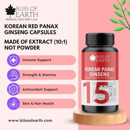 Bliss of Earth Korean Red Panax Ginseng Capsules For Men &amp; Women, 500mg High Potency Root Extract 60 Veg Capsules For Energy, Stamina &amp; Performance  FROM DUBAI (SAM) - View 3 of 4