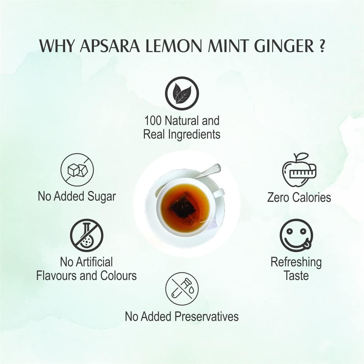 APSARA Lemon Mint Ginger Green Tea | Herbal Tea For Immunity Boosting, All Natural Flavour, Zero Calories - Improves Metabolism &amp; Reduces Waist 25 Tea Bags (Pack Of 2, 170 Gram) (FROM INDIA FAAZ) - View 5 of 6