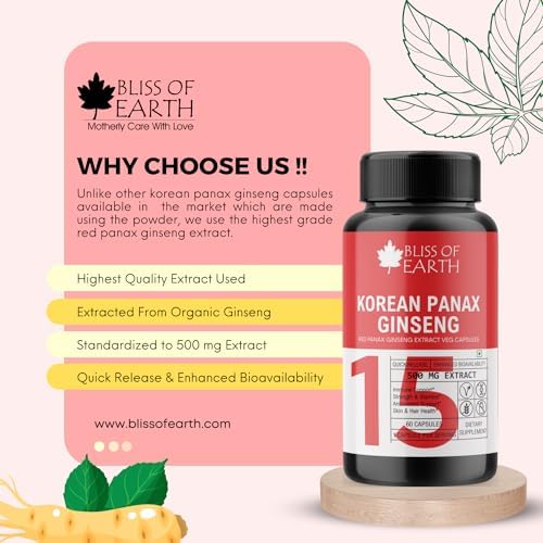 Bliss of Earth Korean Red Panax Ginseng Capsules For Men &amp; Women, 500mg High Potency Root Extract 60 Veg Capsules For Energy, Stamina &amp; Performance  FROM DUBAI (SAM) - View 2 of 4