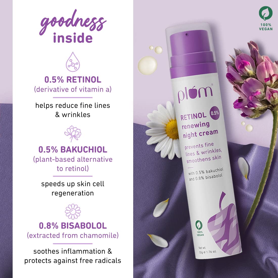 Plum 0.5% Retinol Renewing Night Cream | Prevents Fine Lines &amp; Wrinkles | Smoothens Skin | Boosts Collagen | With Bakuchiol &amp; Bisabolol | 100% Vegan | 50 gm - View 4 of 4