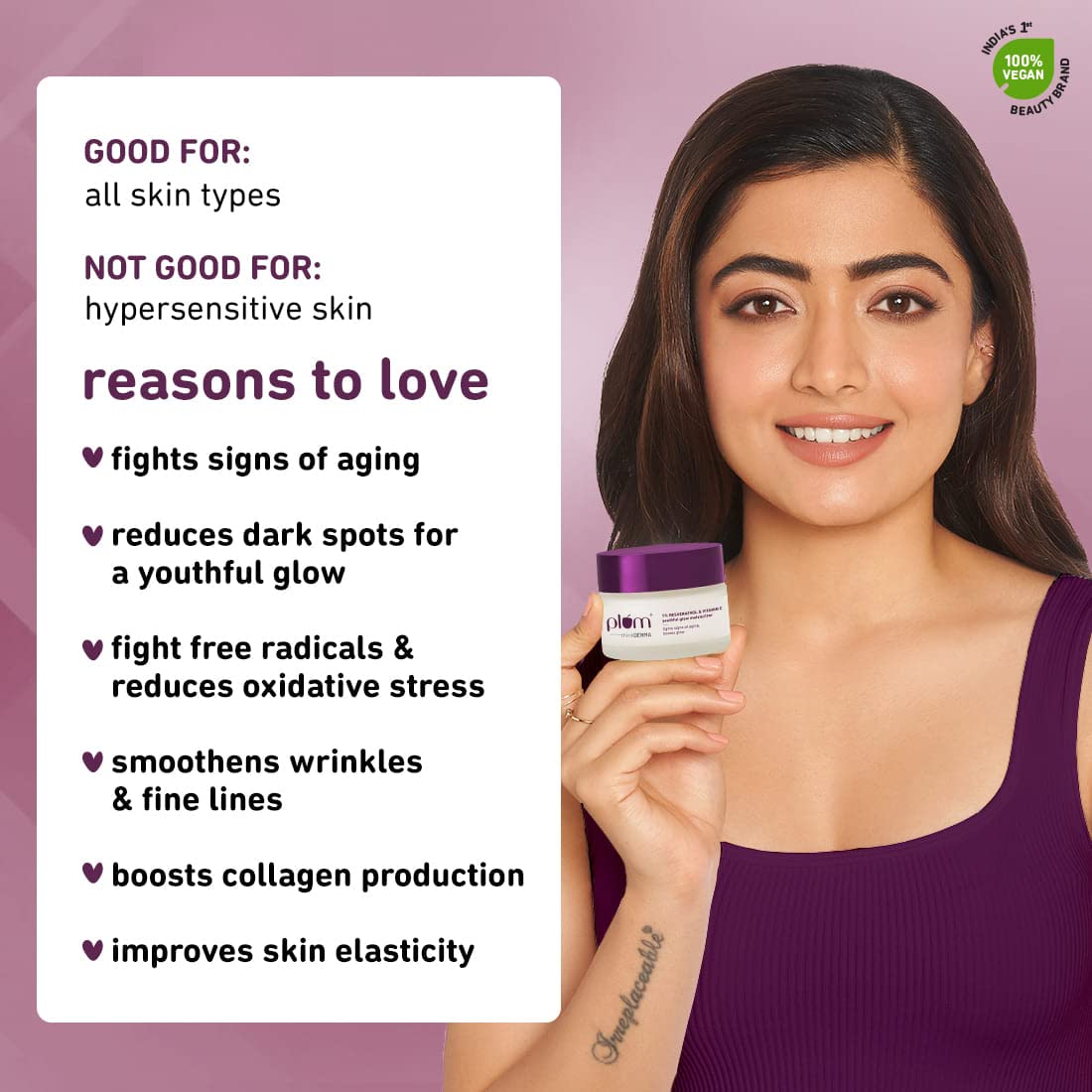 Plum 1% Resveratrol &amp; Vitamin C Youthful Glow Moisturizer Cream | Fights Signs Of Ageing | Enhances Collagen Production | Boosts Glow | Lightweight &amp; Quick-Absorbing | 100% Vegan | 50G - View 3 of 4