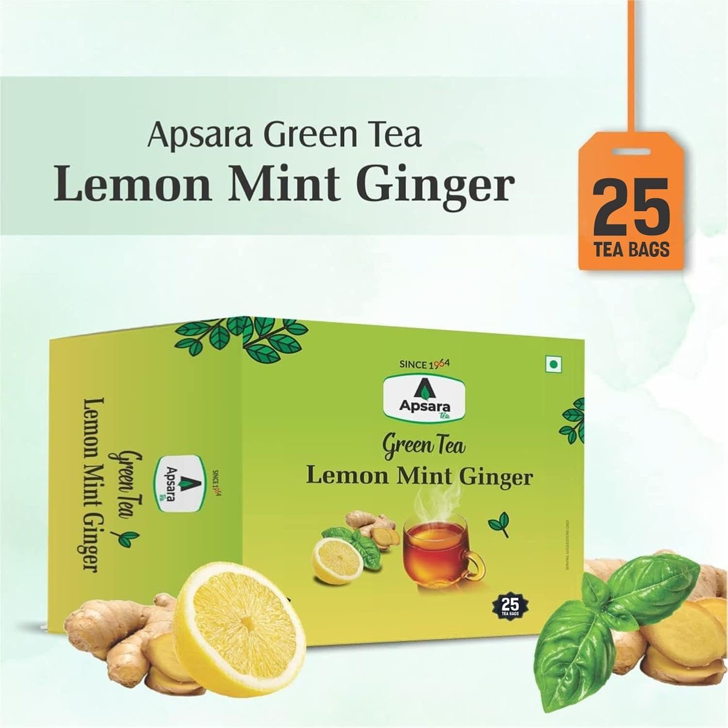 APSARA Lemon Mint Ginger Green Tea | Herbal Tea For Immunity Boosting, All Natural Flavour, Zero Calories - Improves Metabolism &amp; Reduces Waist 25 Tea Bags (Pack Of 2, 170 Gram) (FROM INDIA FAAZ) - View 2 of 6